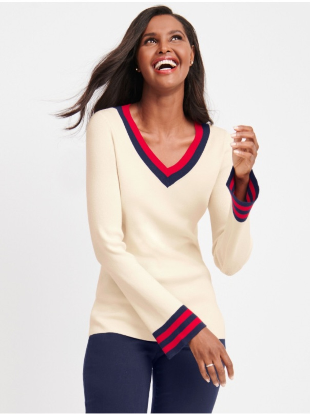 Talbots Cream V-Neck Sweater with bell cuffs- worn once. 129 retail